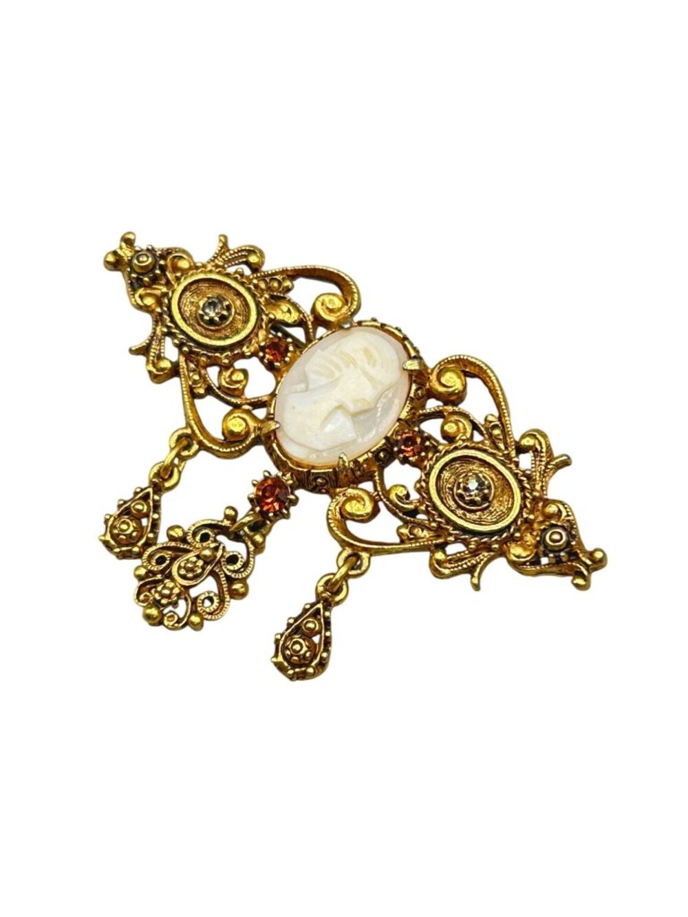 Vintage FLORENZA Cameo Pin Brooch Rhinestones Dangles Genuine Carved Shell